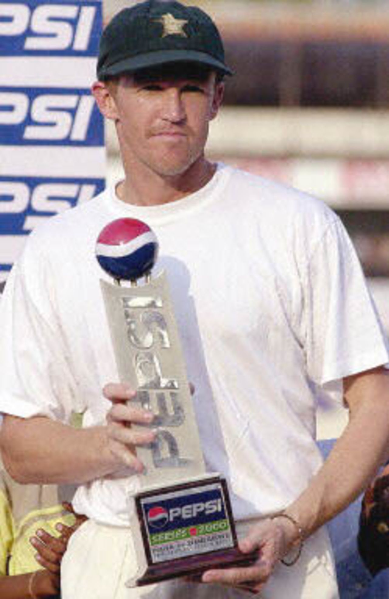 Andy Flower poses with the Man of the Match trophy, Zimbabwe in India, 2000/01, 2nd Test, India v Zimbabwe, Vidarbha C.A. Ground, Nagpur, 25-29 November 2000 (Day 5).