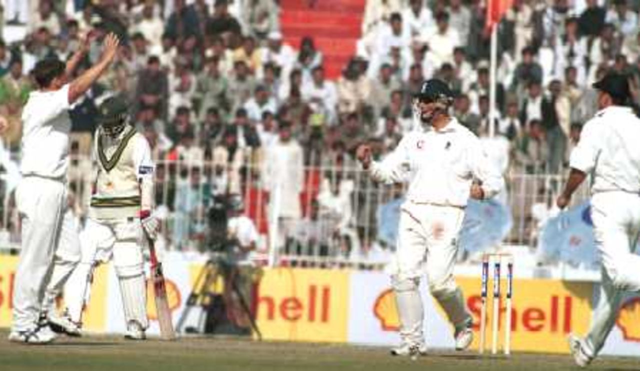 The England squad show delight on Youhana's dismissal, Day 2, 2nd Test Match, Pakistan v England at Faisalabad, 29 Nov-3 Dec 2000.