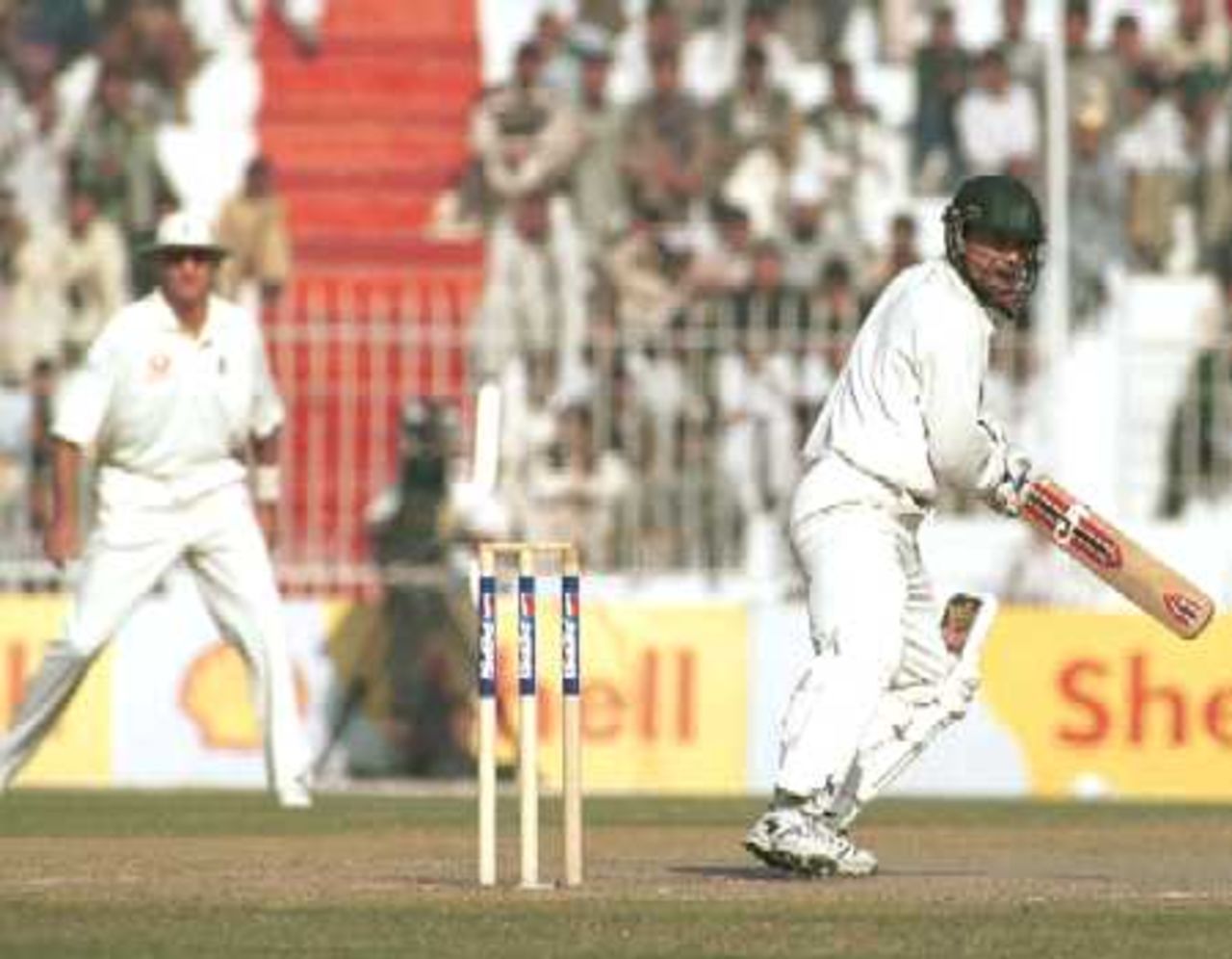 Moin Khan as he plays the ball away to the off side, Day 2, 2nd Test Match, Pakistan v England at Faisalabad, 29 Nov-3 Dec 2000.