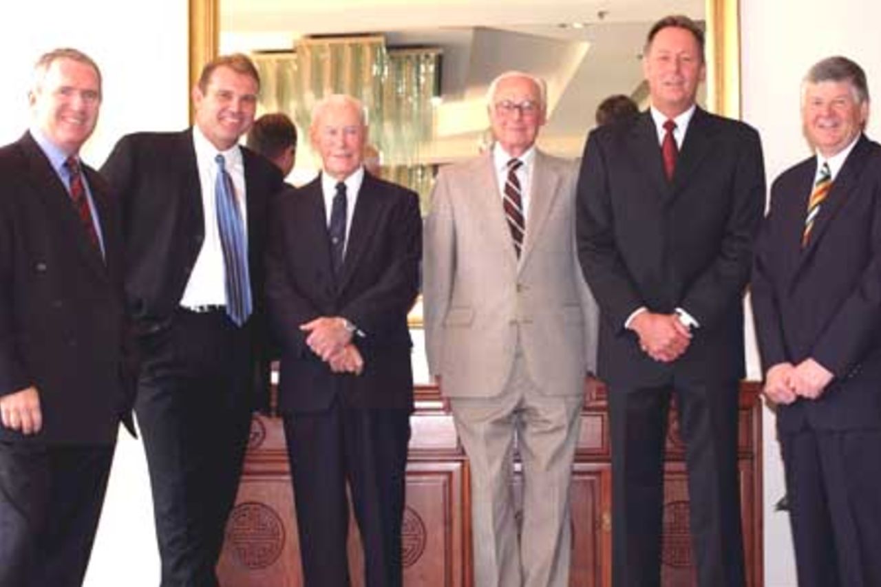 2 Nov 2001: Allan Border, Martin Crowe, Bill Brown, Walter Hadlee,Jeremy Coney and Glenn Turner pose for a photo together at the Captains luncheon to celebrate 55 years of Australia v New Zealand cricket at the Sheraton Hotel in Brisbane, Australia. Allan Border and Bill Brown are former captains of Australia and Martin Crowe, Walter Hadley, Jeremy Coney and Glenn Turner are former captains of New Zealand.