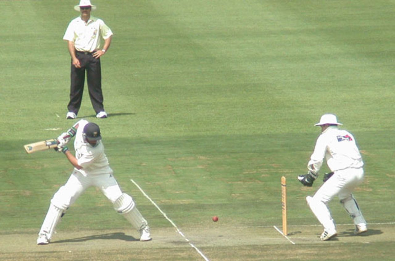 WP opening batsman Graeme Smith plays and misses against Boland. See what happens in next picture