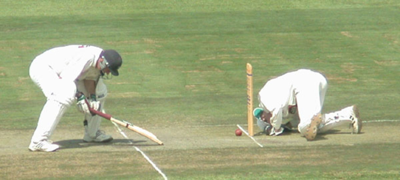 WP opening batsman Graeme Smith has a narrow escape as the ball hits the stumps and fails to dislodge the bails.
