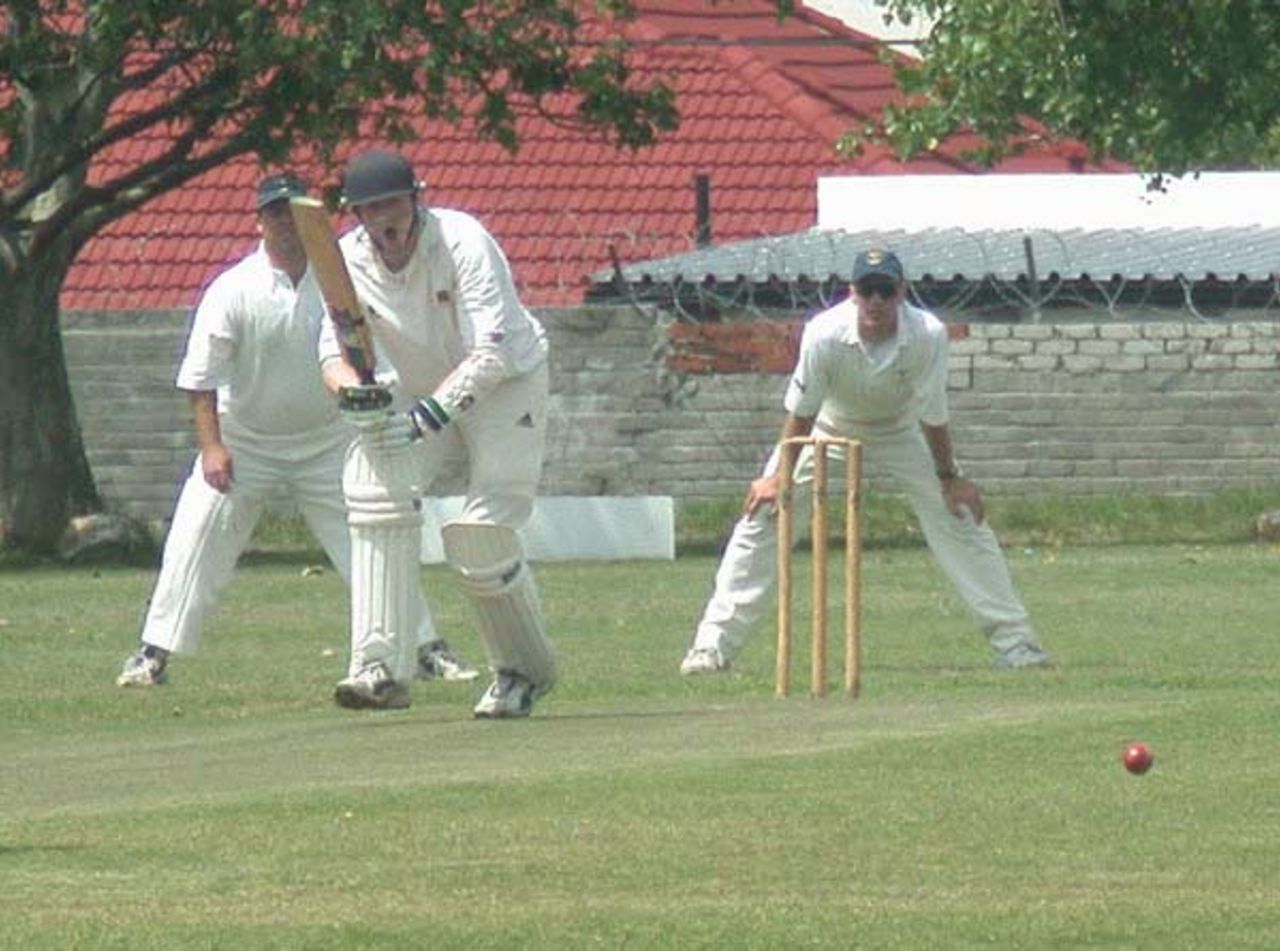 Alistair Gray of Almar turns a delevery from CTGP's Arthur Moore to the leg side. The slips are Donnie Henry (1st) and Jason Bird (2nd).