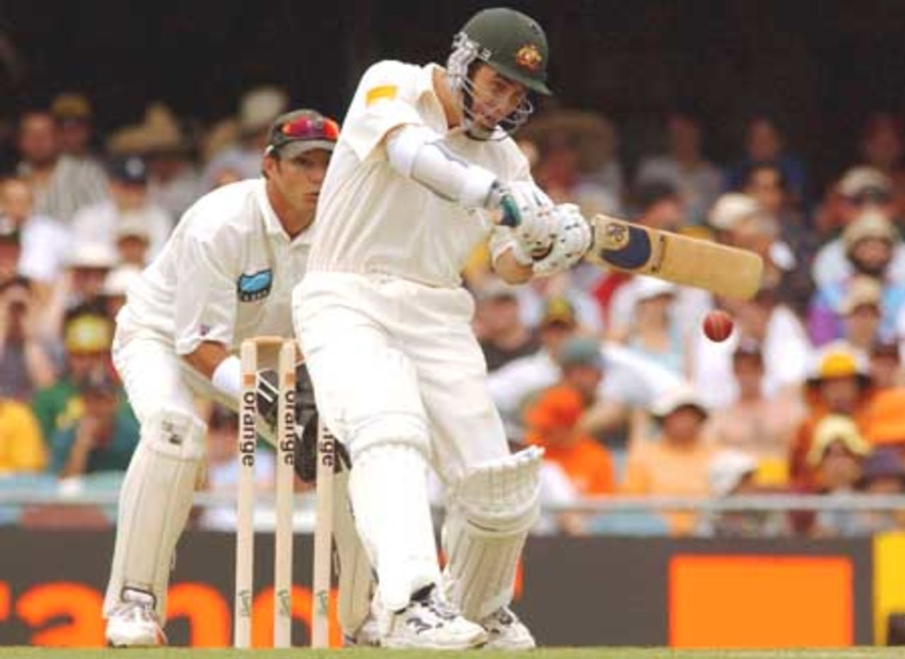 08 Nov 2001: Justin Langer of Australia in action during day one of the first cricket test between Australia and New Zealand held at the Gabba, Brisbane, Australia