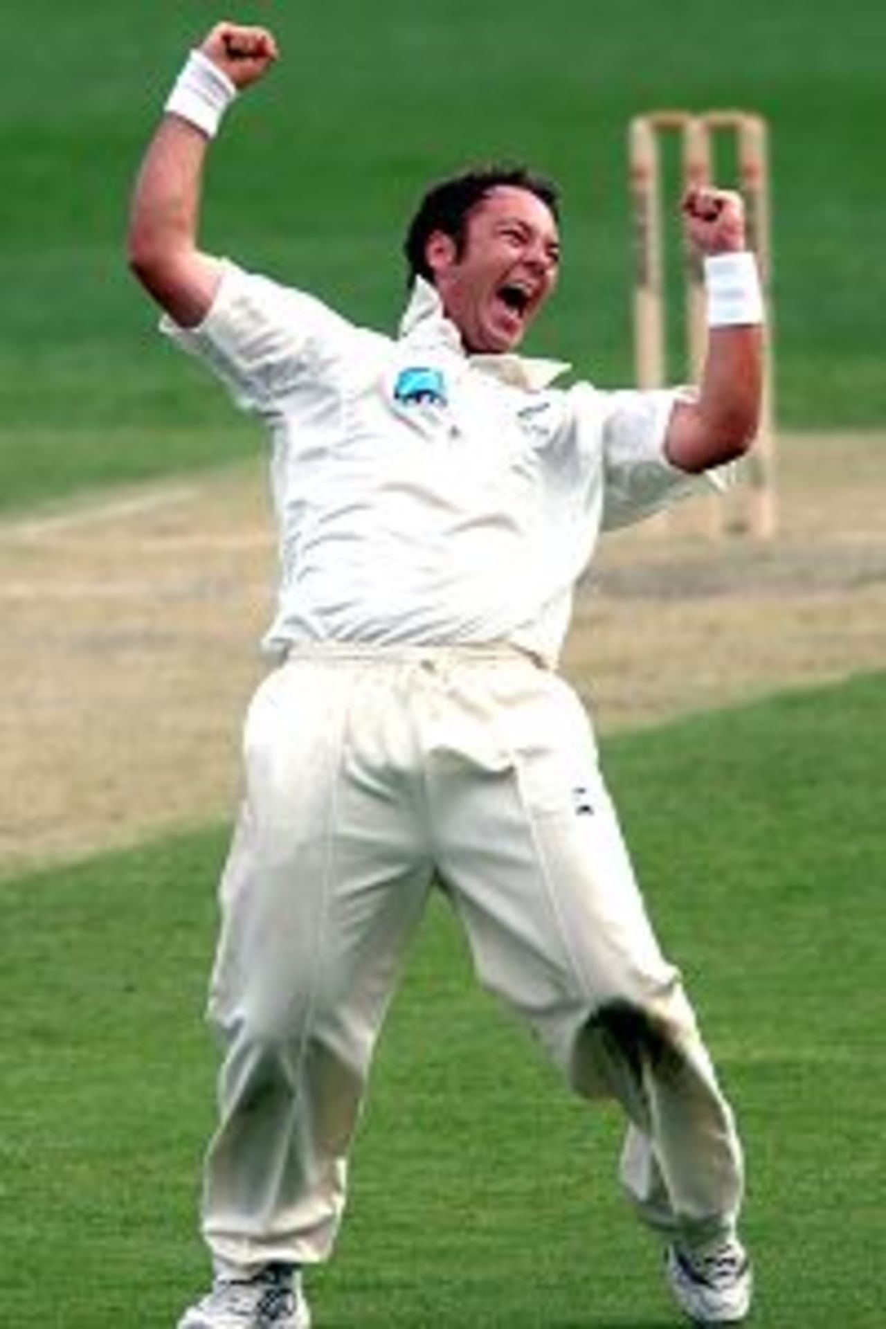 8 Nov 2001: Craig McMillan of New Zealand celebrates the wicket of Damien Martyn of Australia for four runs during day one of the first Cricket test between Australia and New Zealand played at the Gabba in Brisbane, Australia.