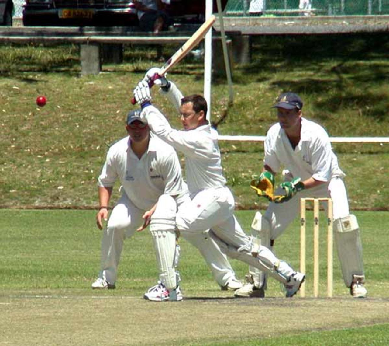 CTCC's Lance Bleekers pads up to a delivery from Ross Banantyne of Pinelands CC. The wicketkeeper is Peter Stewart and Derrick Lane is at slip.