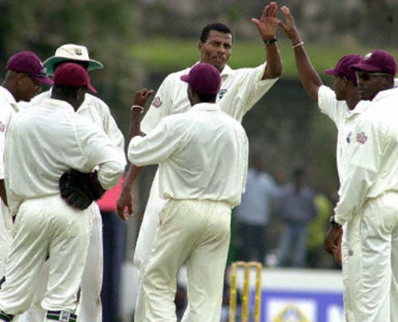 Mervyn Dillon Celebrates with teamates after taking the wicket of Sri Lanka batsman Mahela Jayawardane