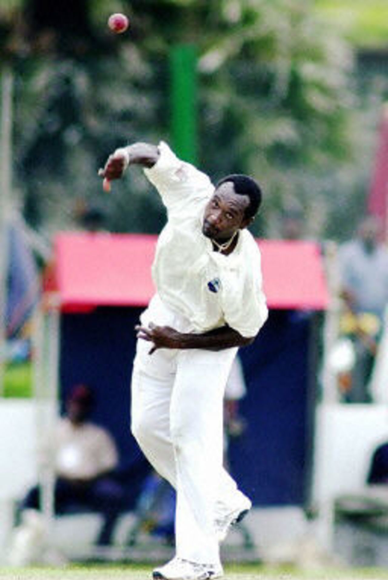 Carl Hooper delivers a ball during the third day of the first cricket test match between Sri Lanka and West Indies at the Galle International Cricket Stadium