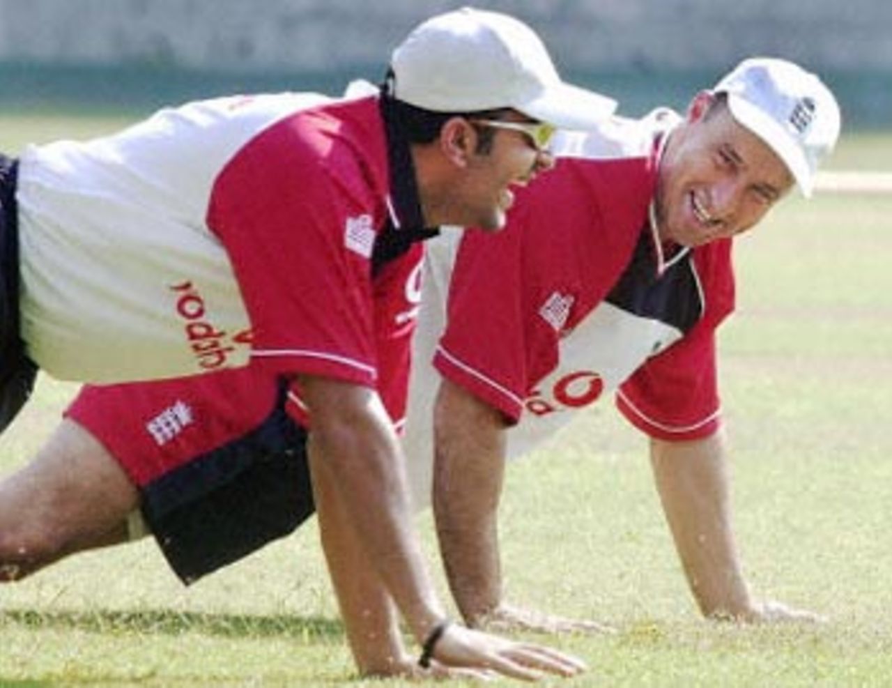 Nasser Hussain and James Ormond share a joke during a training session, 15 October 2001: England in India, 2001-02, Wankhede Stadium, Mumbai