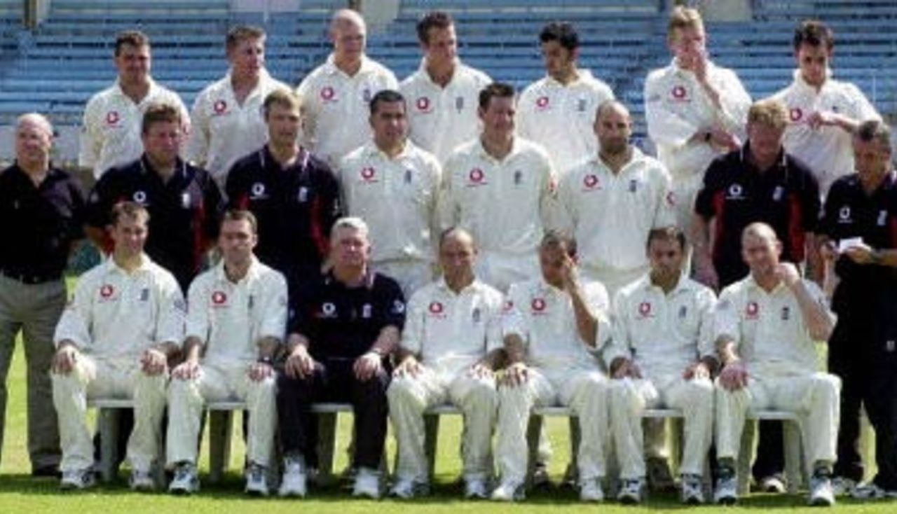 The English cricket team poses after a practice session at Wankhede, 15 October 2001: England in India, 2001-02, Wankhede Stadium, Mumbai
