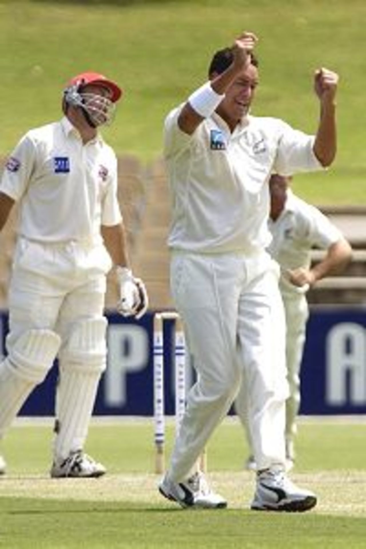 16 Nov 2001: Darryl Tuffey of New Zealand celebrates taking the wicket of South Australian opening batsman Shane Deitz, LB for 4, in the match between South Australia and New Zealand played at the Adelaide Oval in Adelaide, Australia.