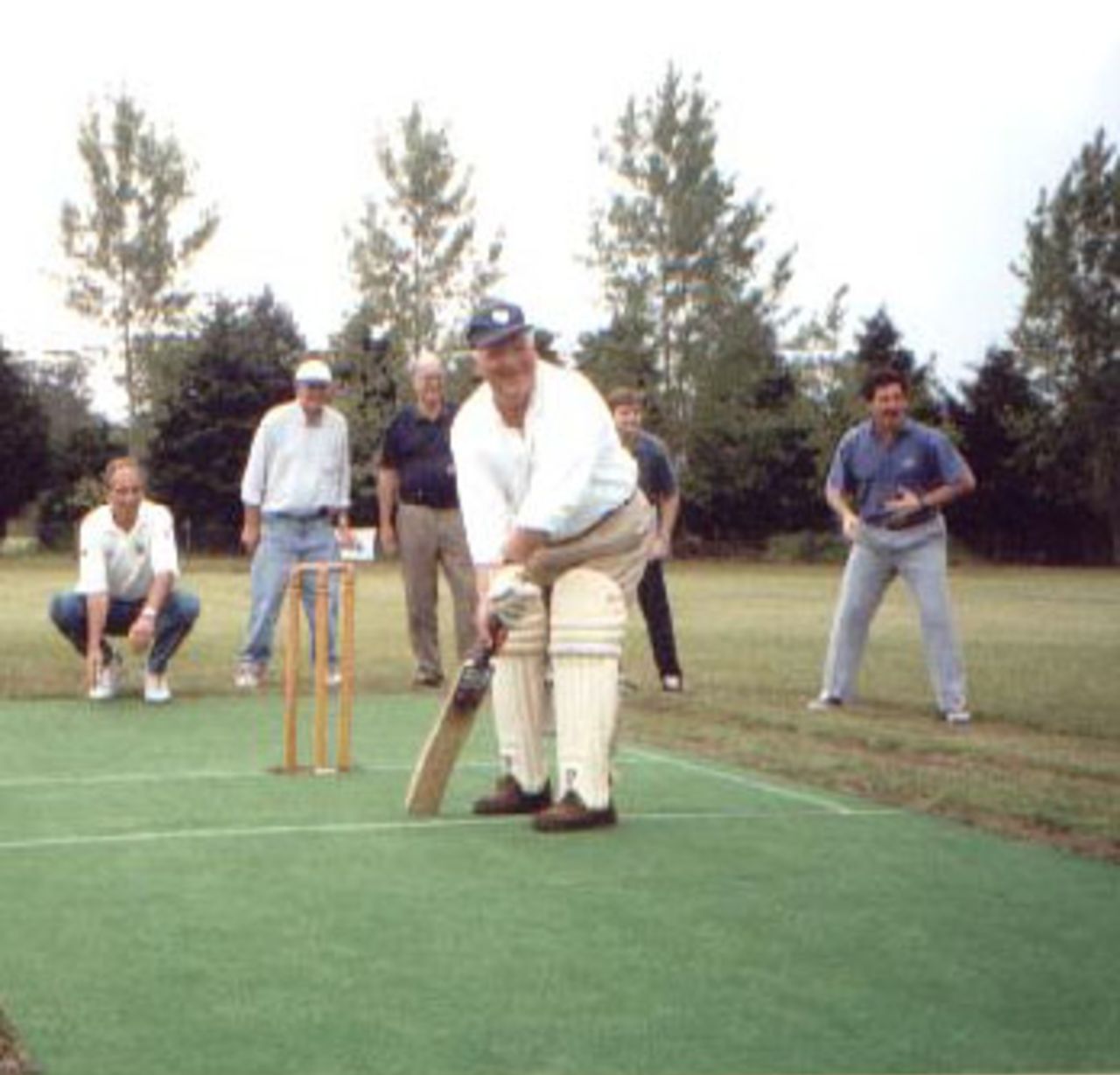 President of Lomas Athletic Club, Armando Fioriolli, prepares to receive the first ball from Americas Development Manager, Robert Weekes, at the inauguration of the new ground and artificial wicket at Longchamps. ACA Chairman, Ricardo Lord, is keeping wicket , 20th October 2001