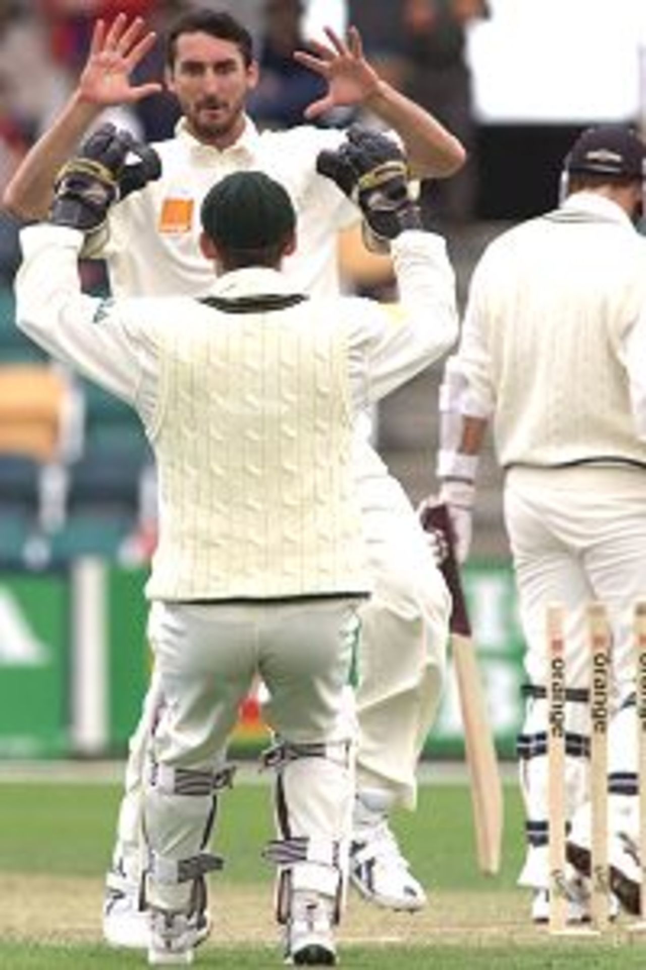 23 Nov 2001: Jason Gillespie of Australia celebrates after bowling Mathew Sinclair of New Zealand for 23 off the first ball after lunch during day three of the second test between Australia and New Zealand played at Bellerive Oval, Hobart, Australia.