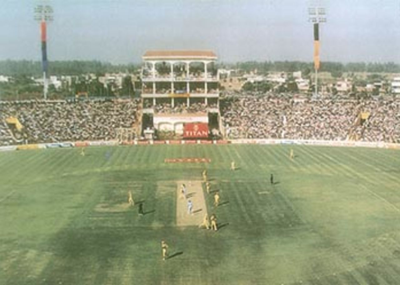 Punjab Cricket Association Stadium, Chandigarh, Mohali from the distance: the stadium is among the most beautiful in the country, Uploaded on 27 November 2001.