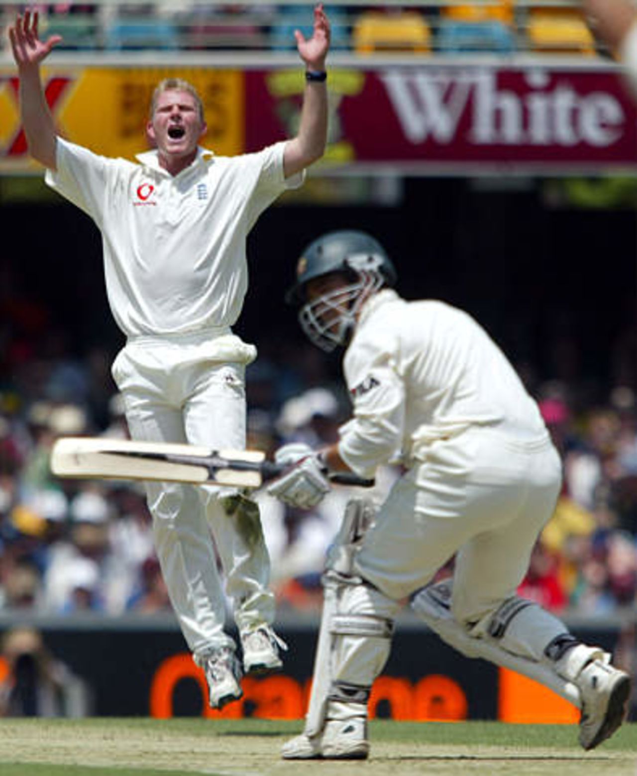 England's Matthew Hoggard (L) reacts as Australia's Justin Langer is nearly trapped LBW during the first day's play in the first Ashes test match at the Gabba in Brisbane November 7, 2002.