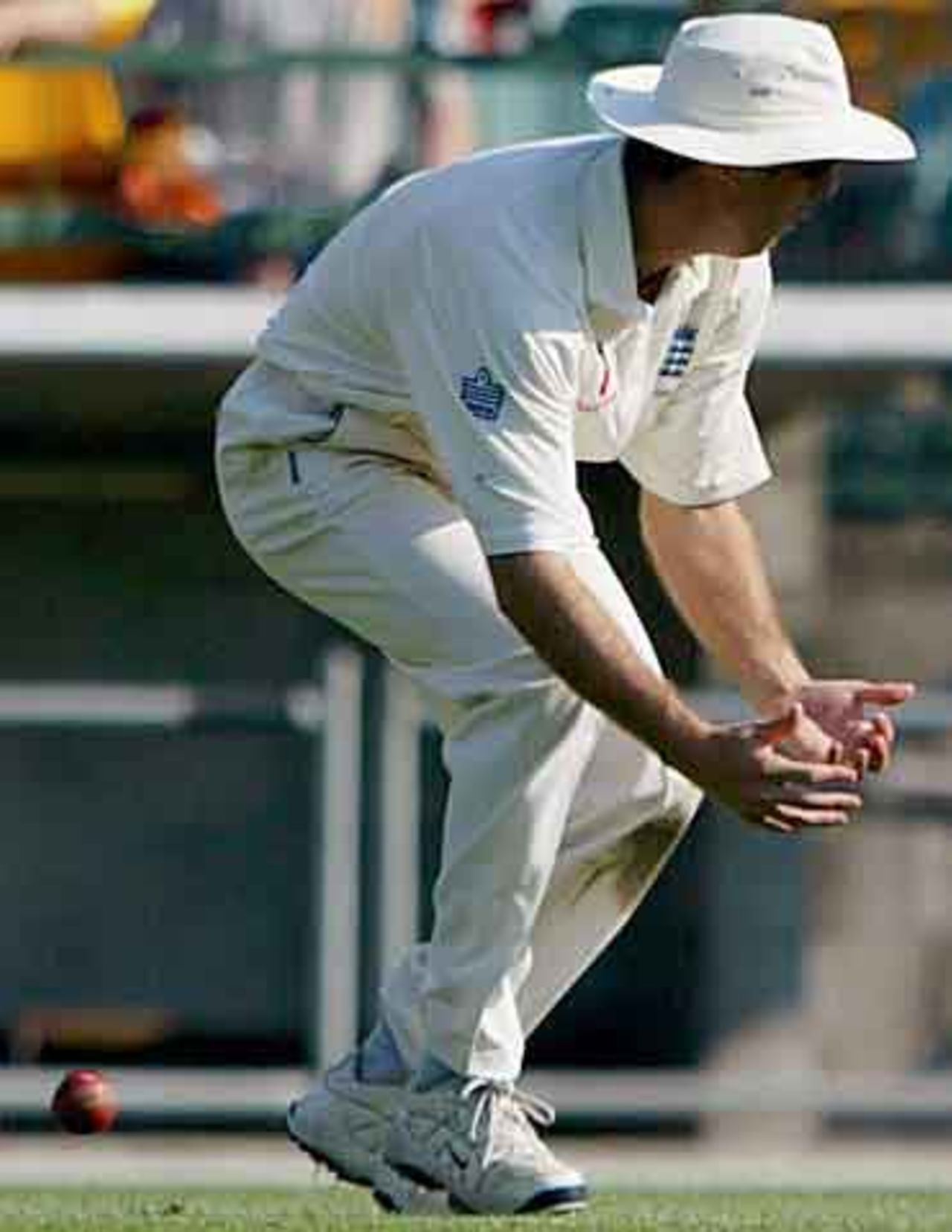 England's Michael Vaughan drops a catch off Australia's Matthew Hayden during the first day's play in the first Ashes test match against England at the Gabba in Brisbane November 7, 2002.