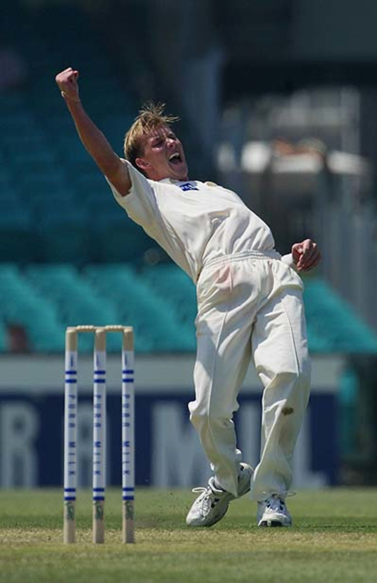 SYDNEY - NOVEMBER 8: Brett Lee of the Blues celebrates the wicket of Daniel Marsh of the Tigers during the Pura Cup match between the New South Wales Blues and the Tasmania Tigers at the Sydney Cricket Ground in Sydney, Australia on November 8, 2002.