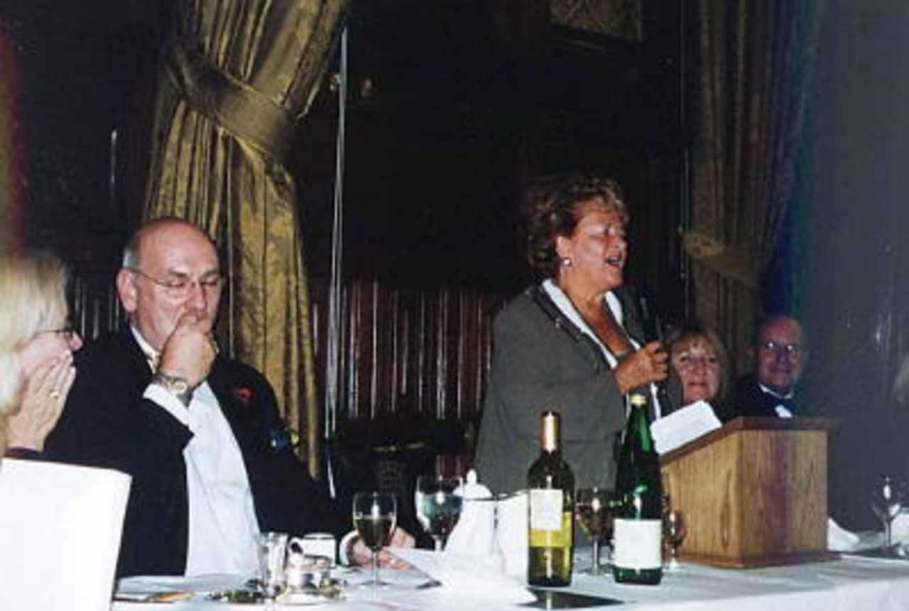 Cynthia Payne speaking, watched by Syd Rapson MP and his wife.