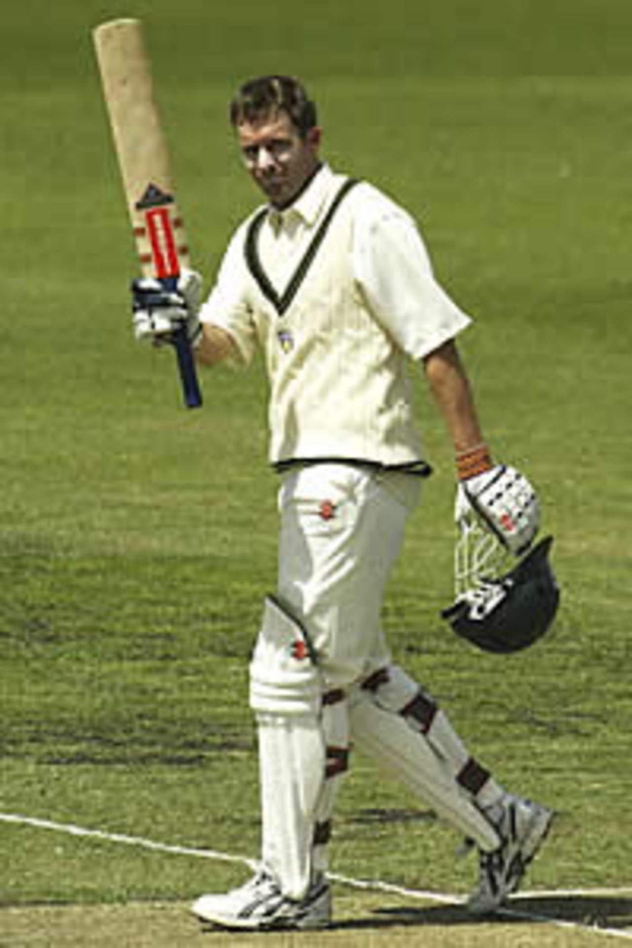 HOBART- NOVEMBER 15: Martin Love of Australia A celebrates his century during the three day tour match between Australia A and England at the Bellerive Oval in Hobart, Australia on November 15, 2002.