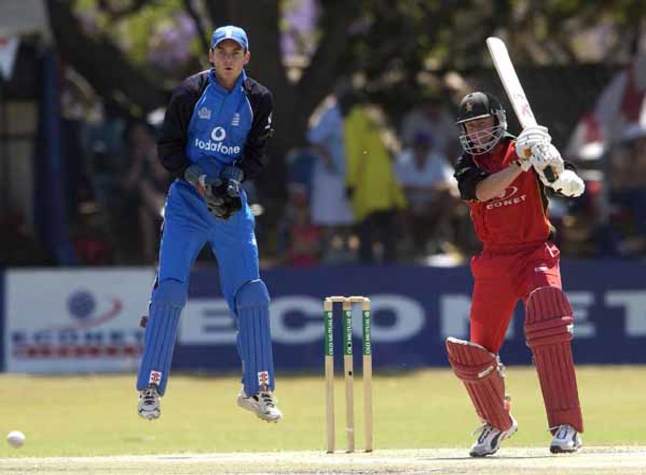 Grant Flower of Zimbabwe hits out on his way to a century during the Zimbabwe v England 5th One Day International at the Queens Park Ground, Bulawayo, Zimbabwe