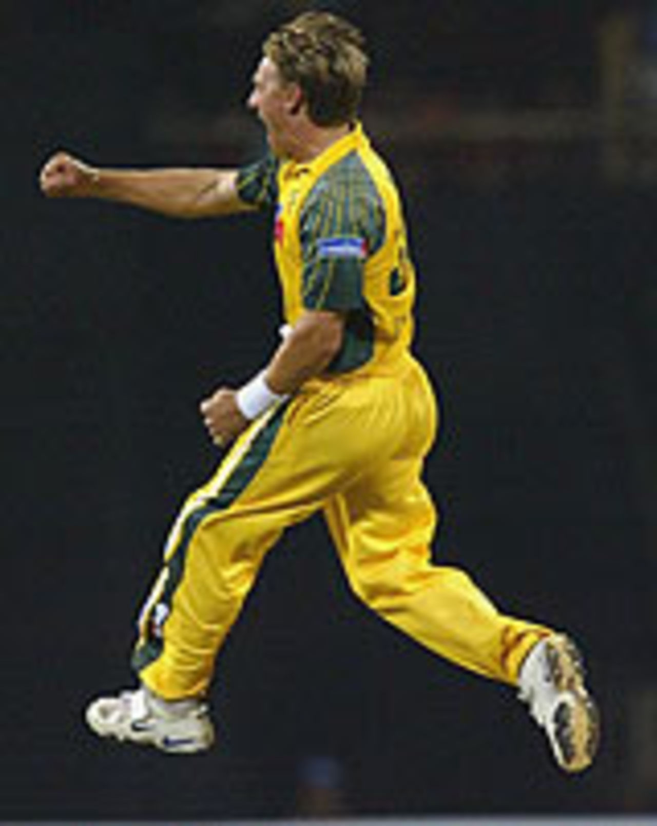 Andy Bichel in mid-air, India v Australia, 4th ODI, TVS Cup, Mumbai, November 1, 2003