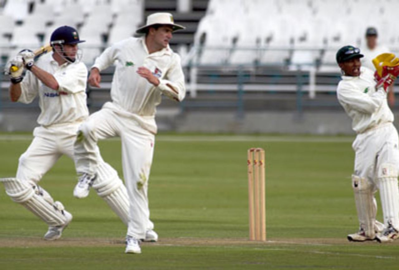 Neil Johnson square drives a ball against North West at Newlands on Friday