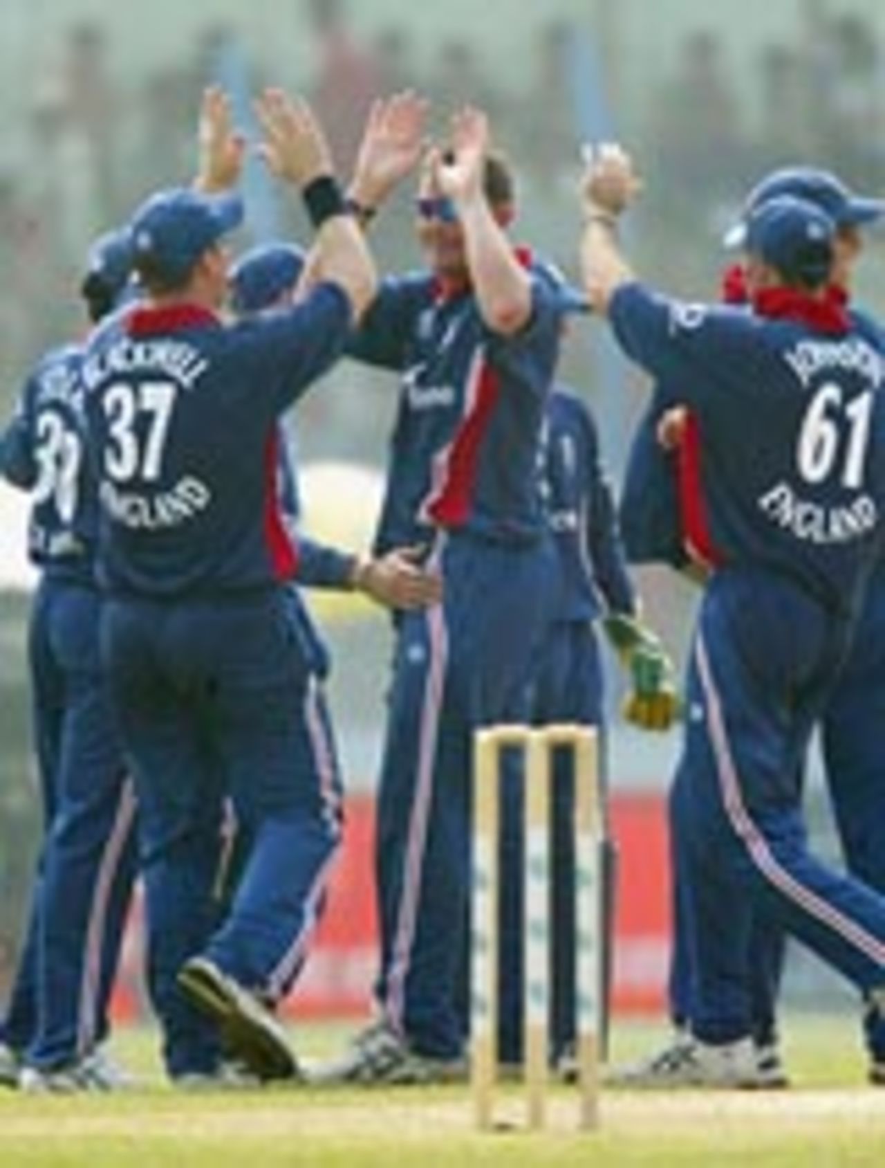 Ashley Giles leads the England celebrations, Bangladesh v England, 1st ODI, Chittagong, November 7, 2003