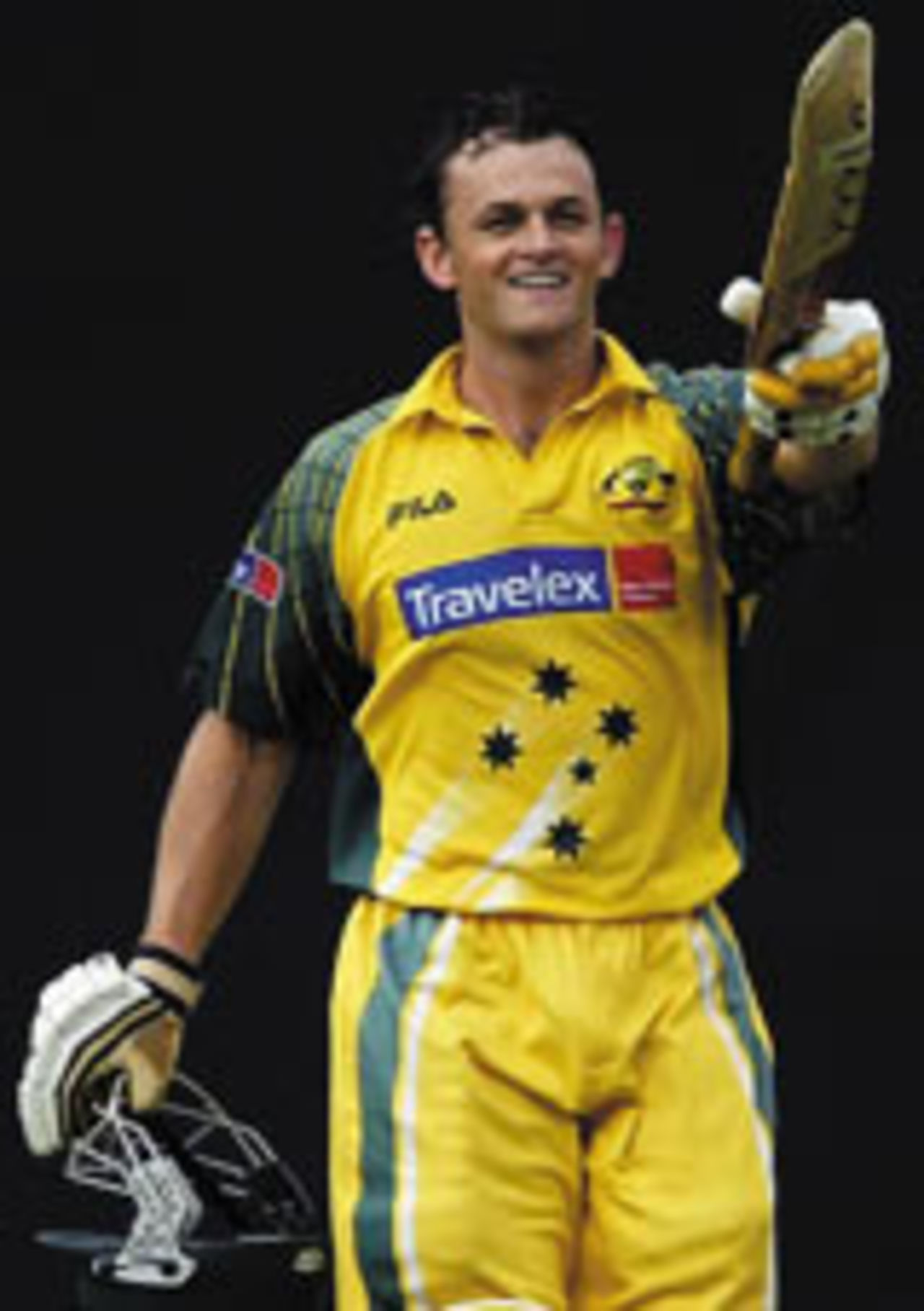 Adam Gilchrist celebrates his hundred, India v Australia, TVS Cup, Bangalore, November 12, 2003