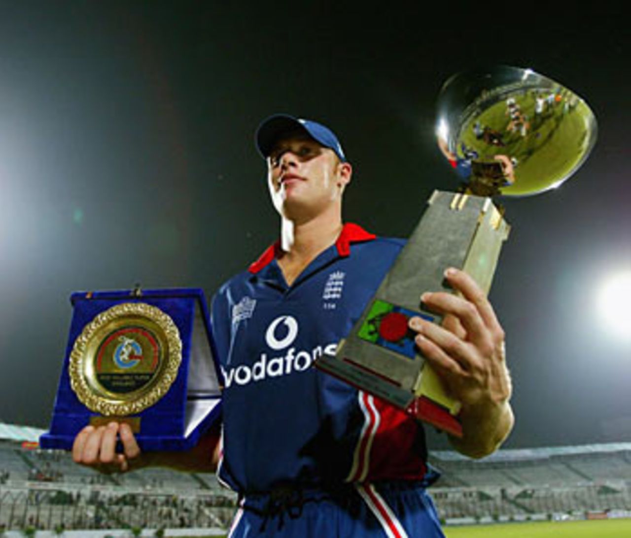 Andrew Flintoff with his third Man of the Match award and Man of the Series trophy, Bangladesh v England, Dhaka, November 12, 2003