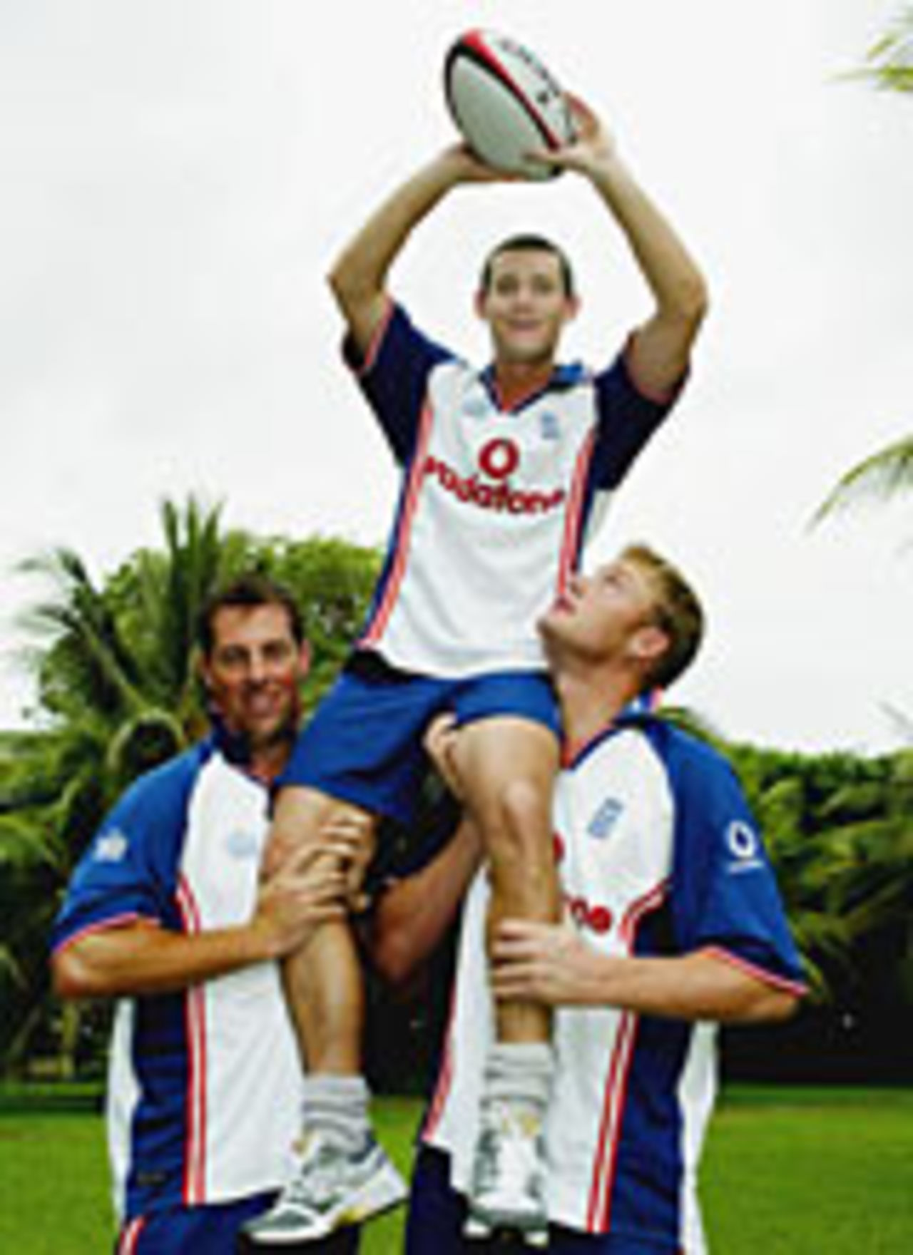 Marcus Trescothick and Andrew Flintoff lift up Chris Read lineout style as England get into the mood ahead of Sunday's rugby World Cup semi-final, November 14, 2003