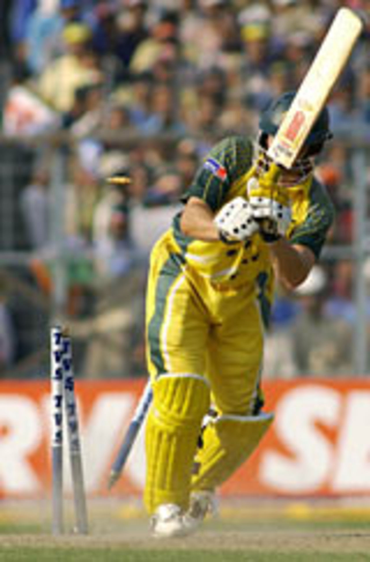 Adam Gilchrist bowled by Ajit Agarkar for 7, India v Australia, TVS Cup final, November 18, 2003