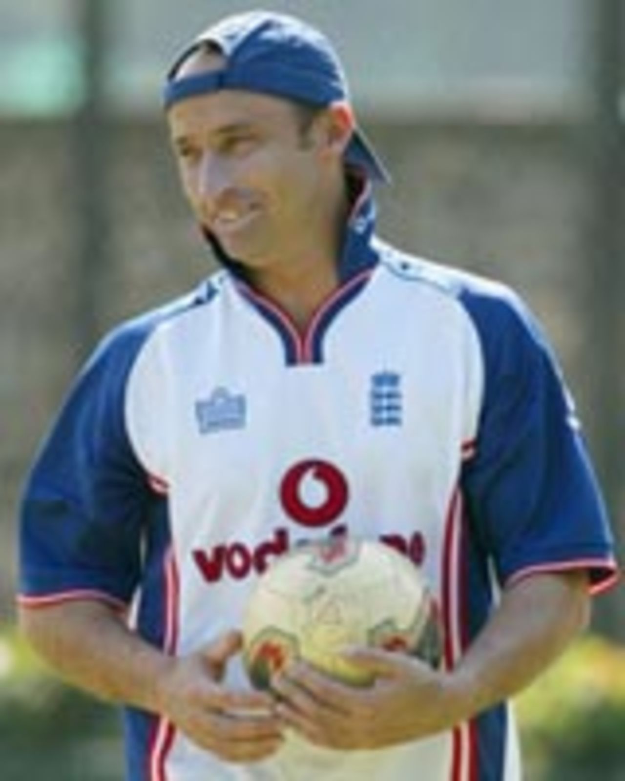 Nasser Hussain during a game of football at the nets in Colombo