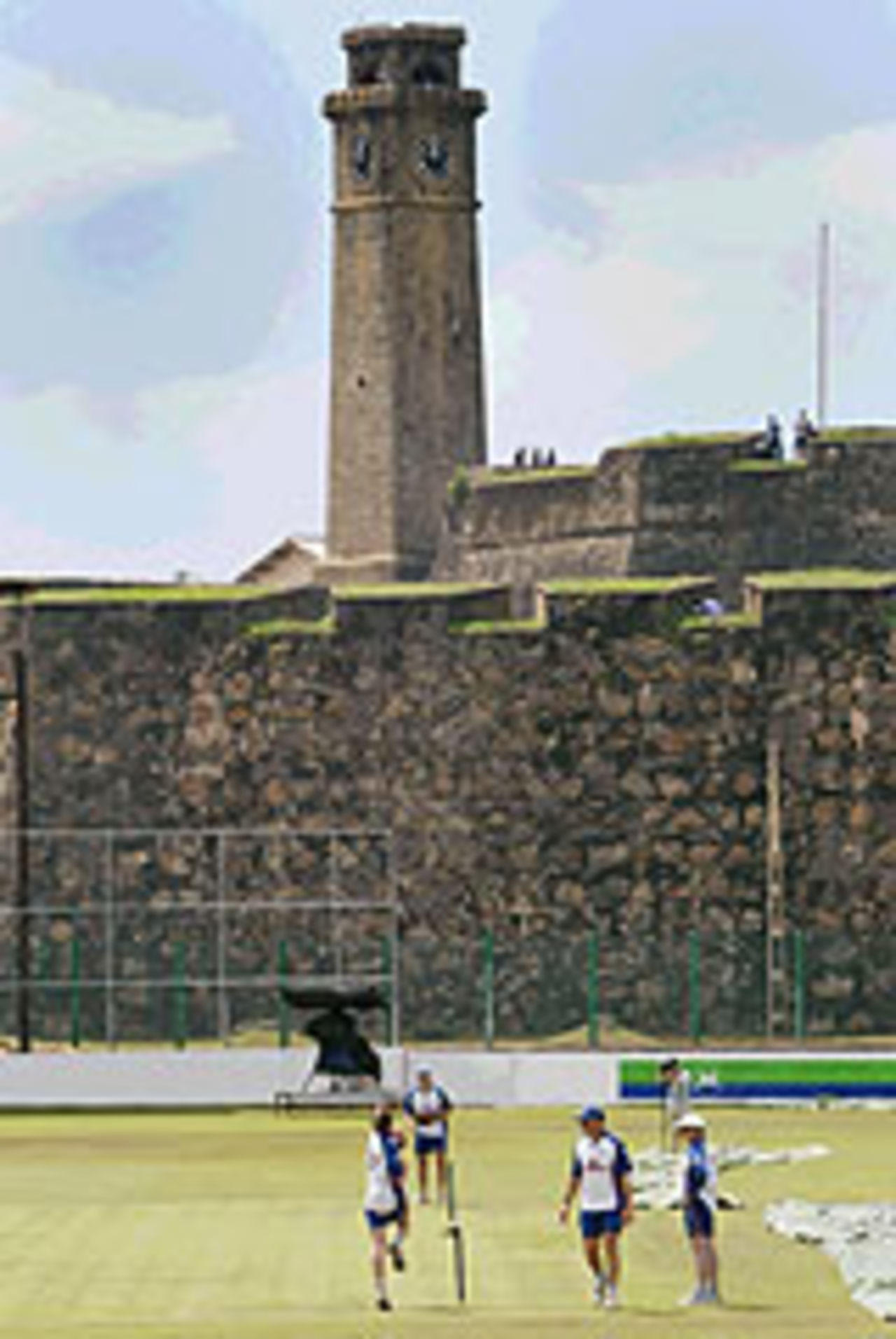 England prepare beneath the clocktower of Galle Fort, England v Sri Lanka, first Test, Galle, November 30, 2003