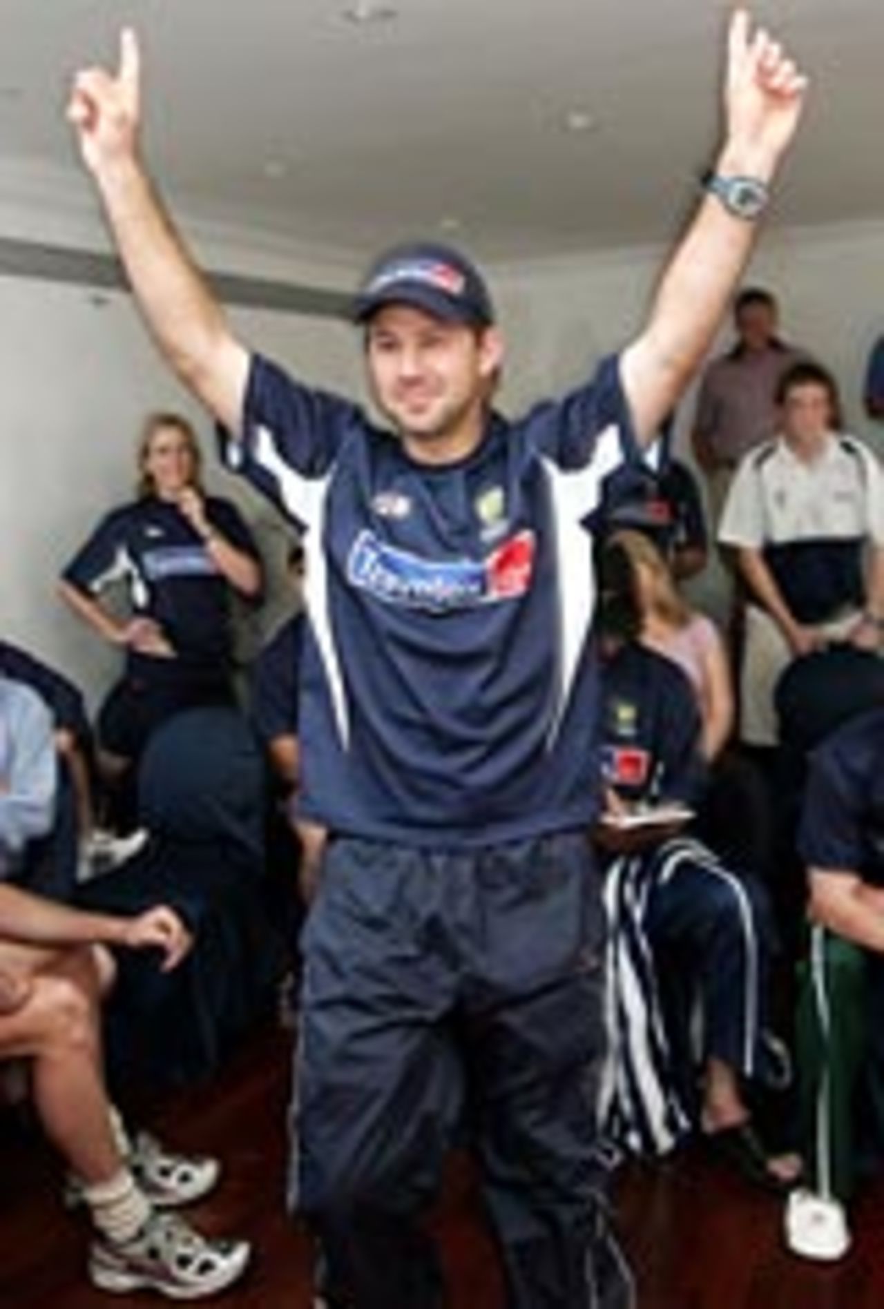 Ricky Ponting celebrates a winning bet on the Melbourne Cup, Mumbai, November 2, 2004