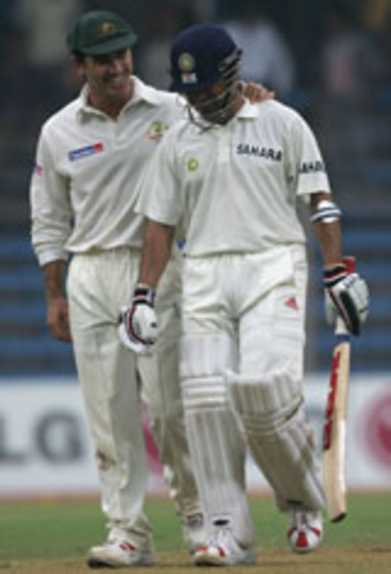 Justin Langer and Sachin Tendulkar leave the field, India v Australia, 1st Test, Mumbai, November 3, 2004