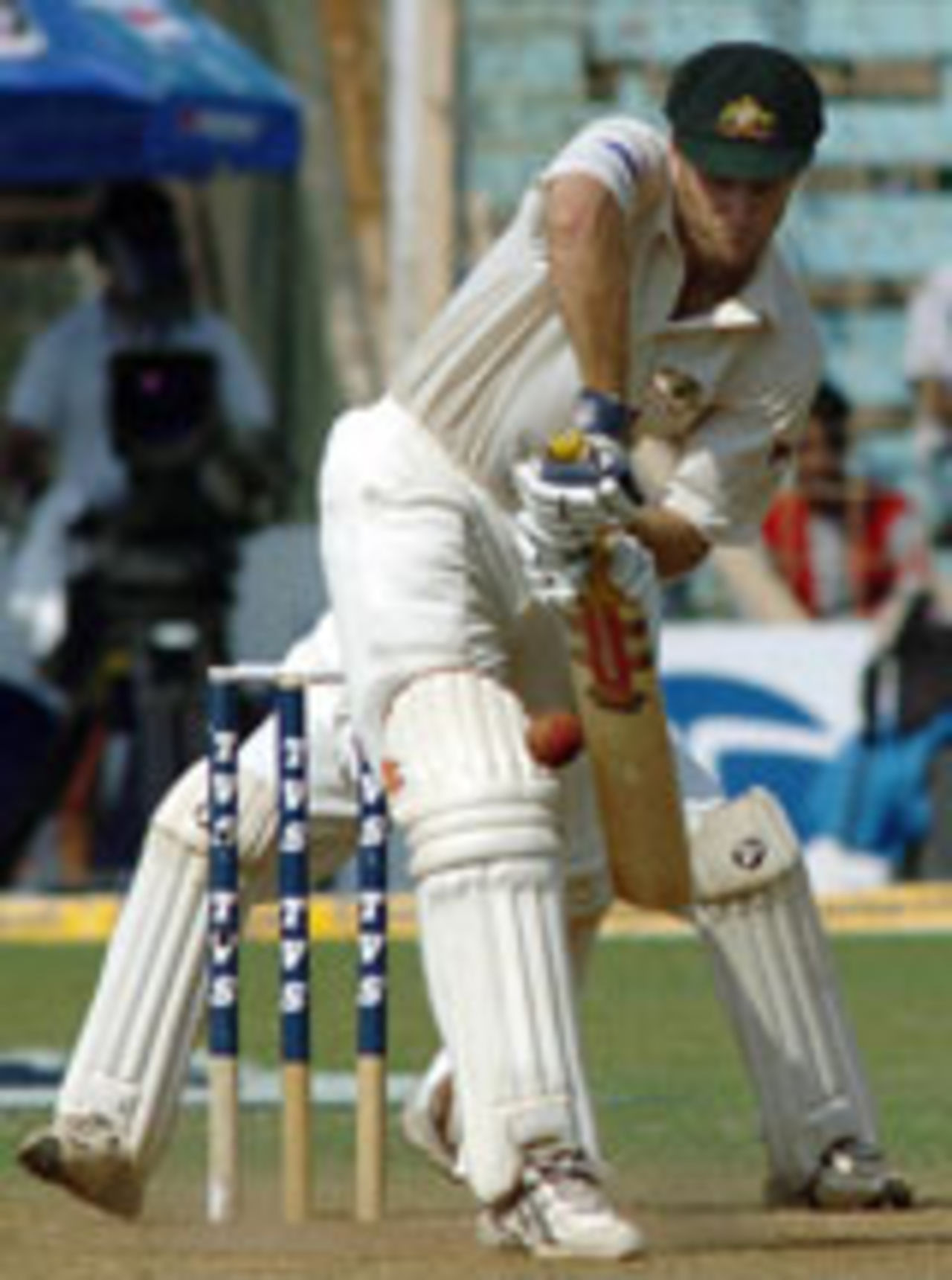 Simon Katich defends, 2nd day, Australia v India, 4th Test, Mumbai, November 4 2004