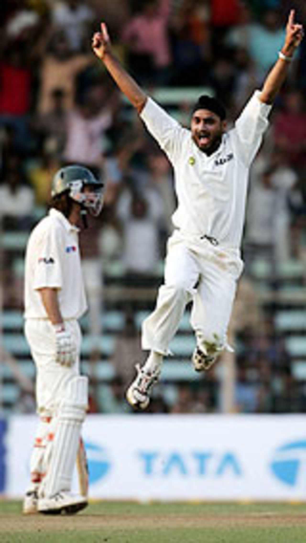 Harbhajan Singh jumps in the air after the final wicket, 4th Test, Mumbai, 3rd day, November 5, 2004