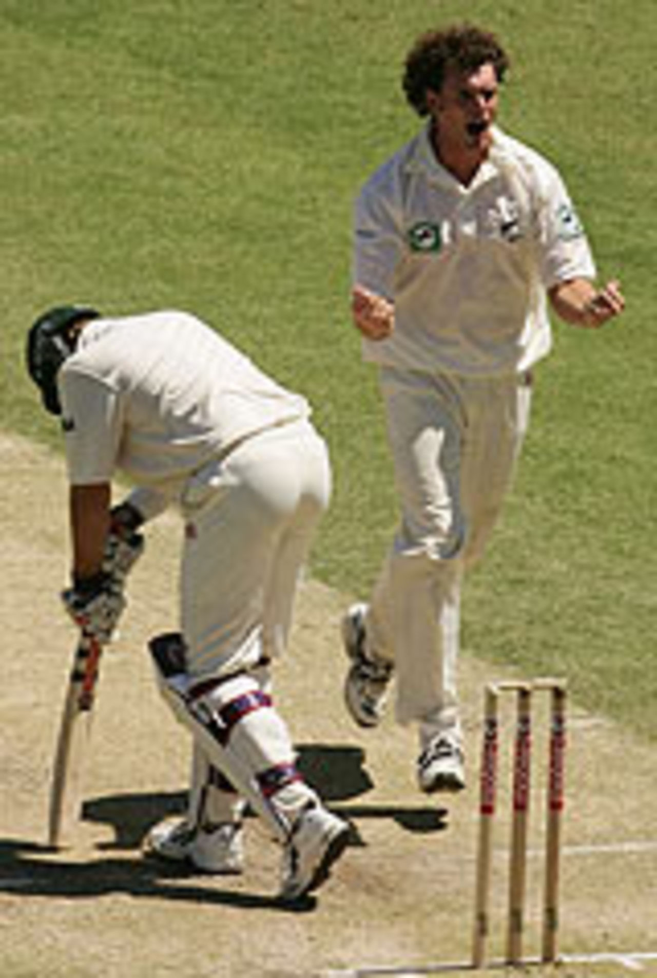 Kyle Mills celebrates a dismissal, Australia v New Zealand, 1st Test, Brisbane, Novemebr 19, 2004