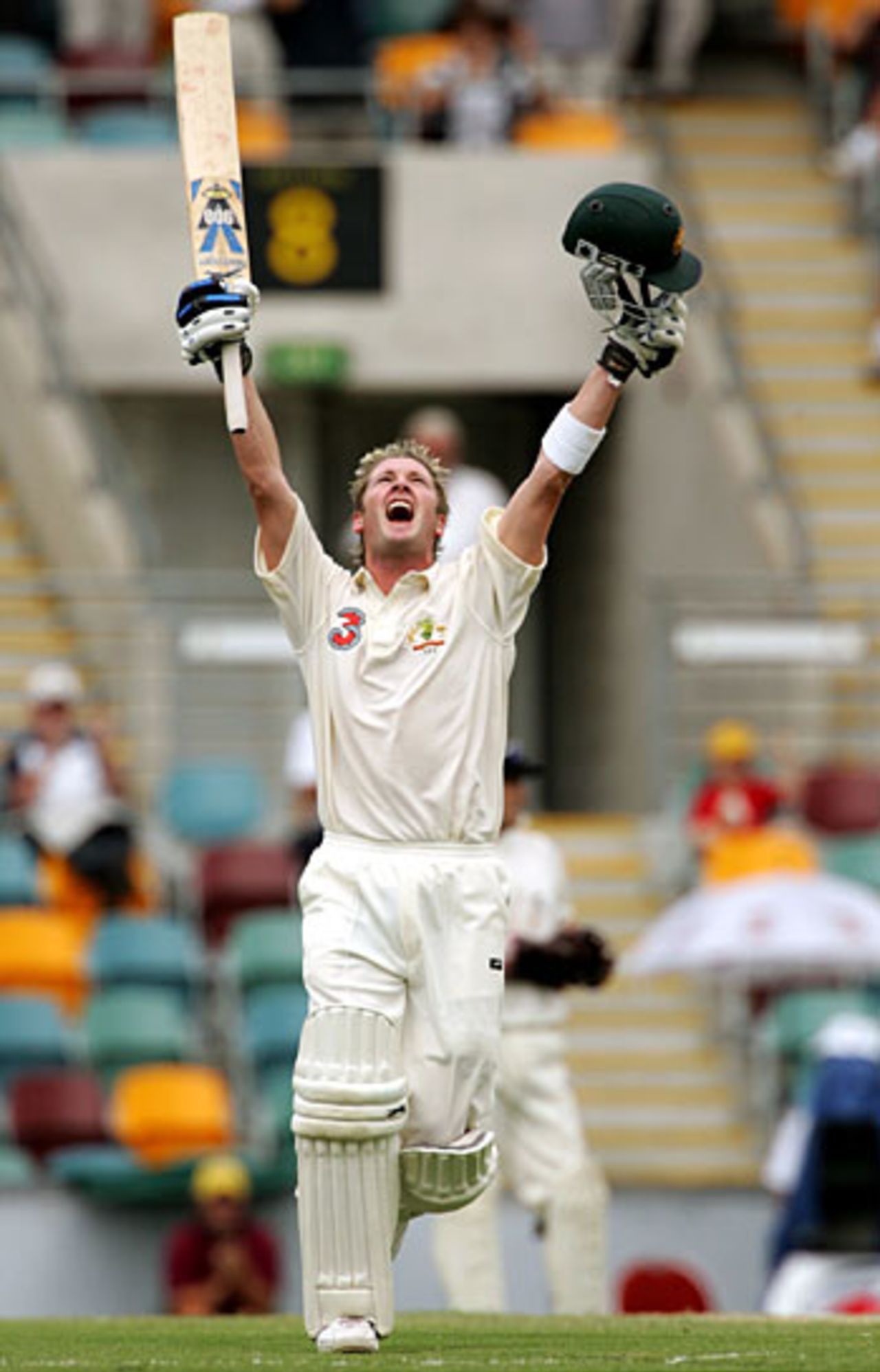 A jubilant Michael Clarke completes his first home hundred, Australia v New Zealand, 1st Test, Brisbane, November 20, 2004