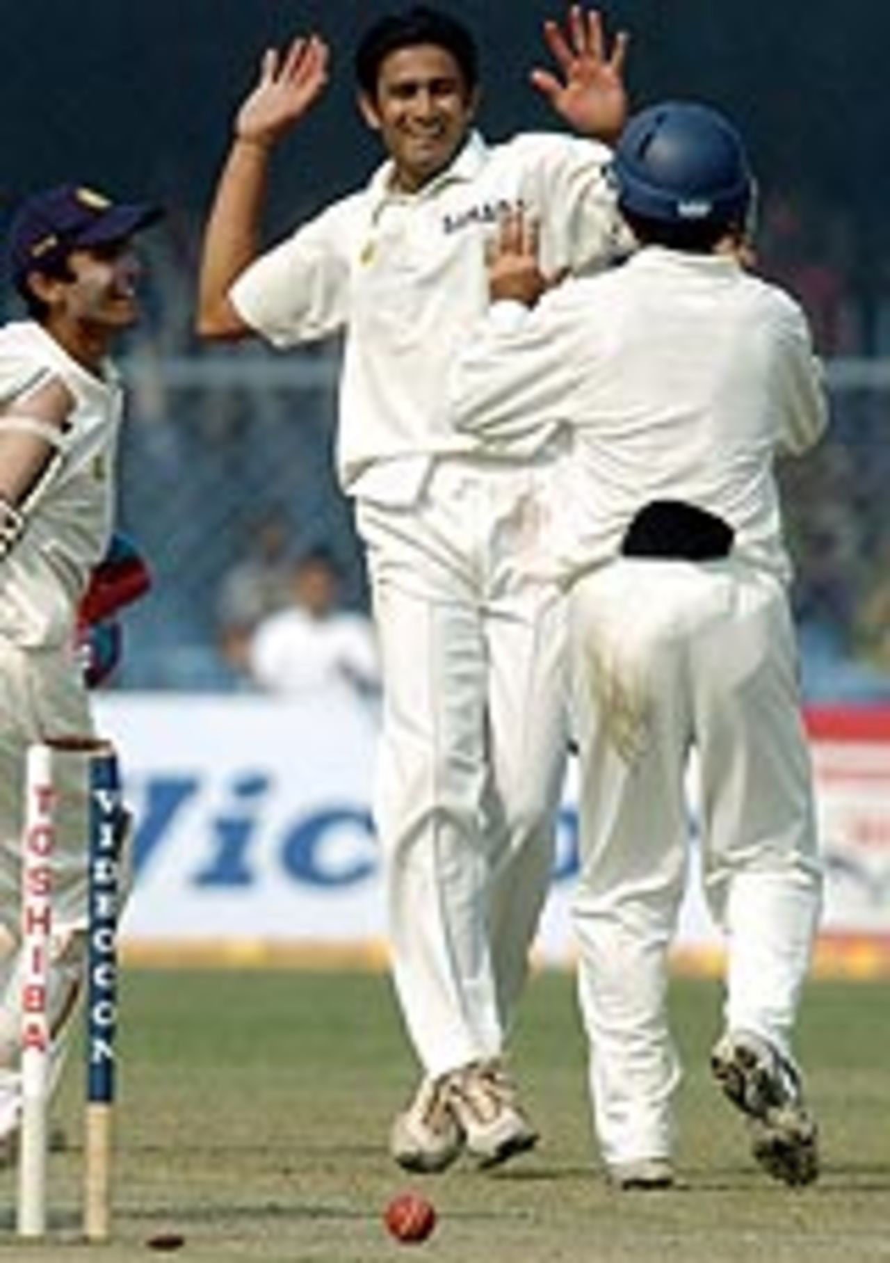 Anil Kumble celebrates a wicket, India v South Africa, 1st Test, Kanpur, 1st day, November 20, 2004