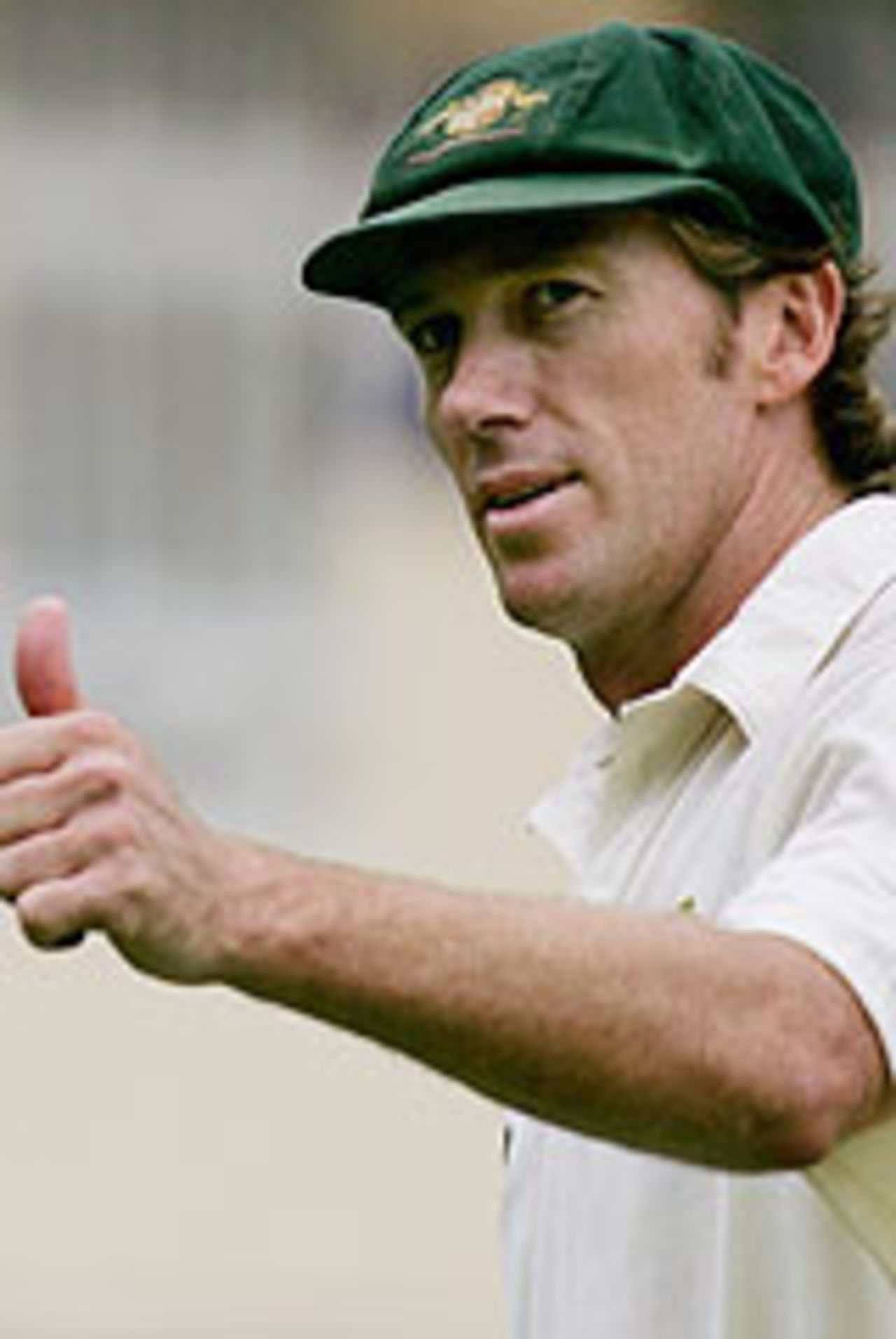 Glenn McGrath gives the thumbs up at the end of the game, Australia v New Zealand, 1st Test, Brisbane, November 21, 2004