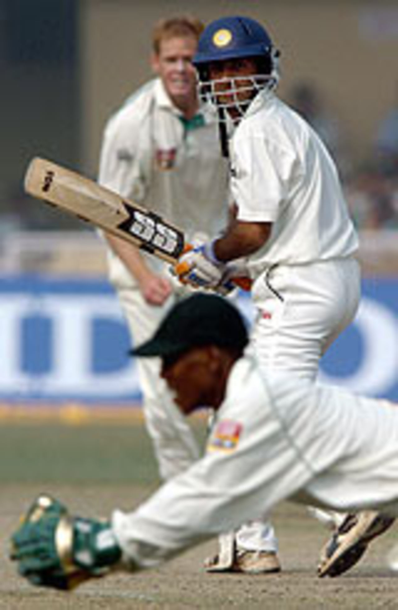 Gautam Gambhir looks back as the wicketkeeper snaffles the edge, India v South Africa, 1st Test, Kanpur, 4th day, November 23, 2004