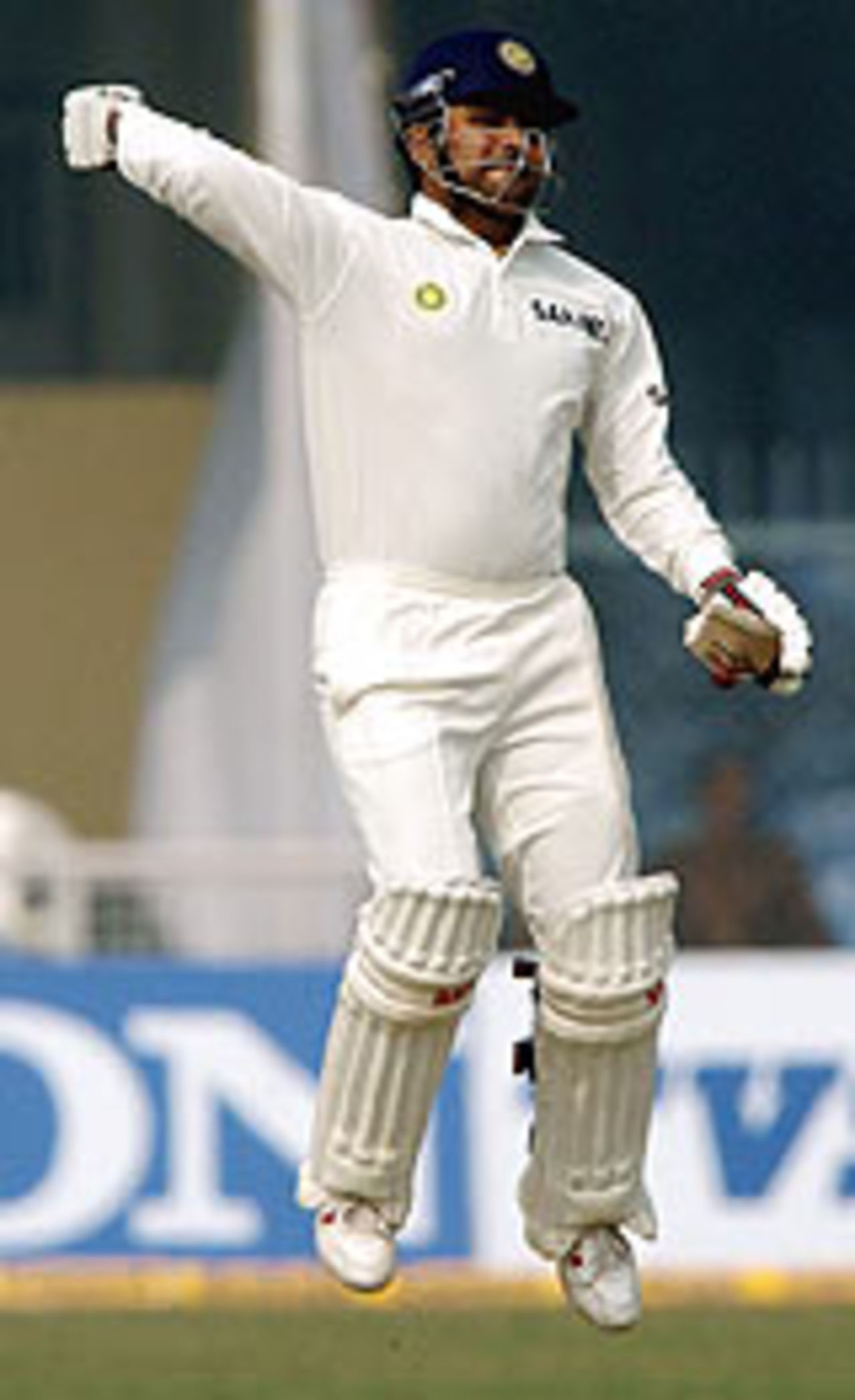 Virender Sehwag jumps for joy after his century, India v South Africa, 1st Test, Kanpur, 4th day, November 23, 2004