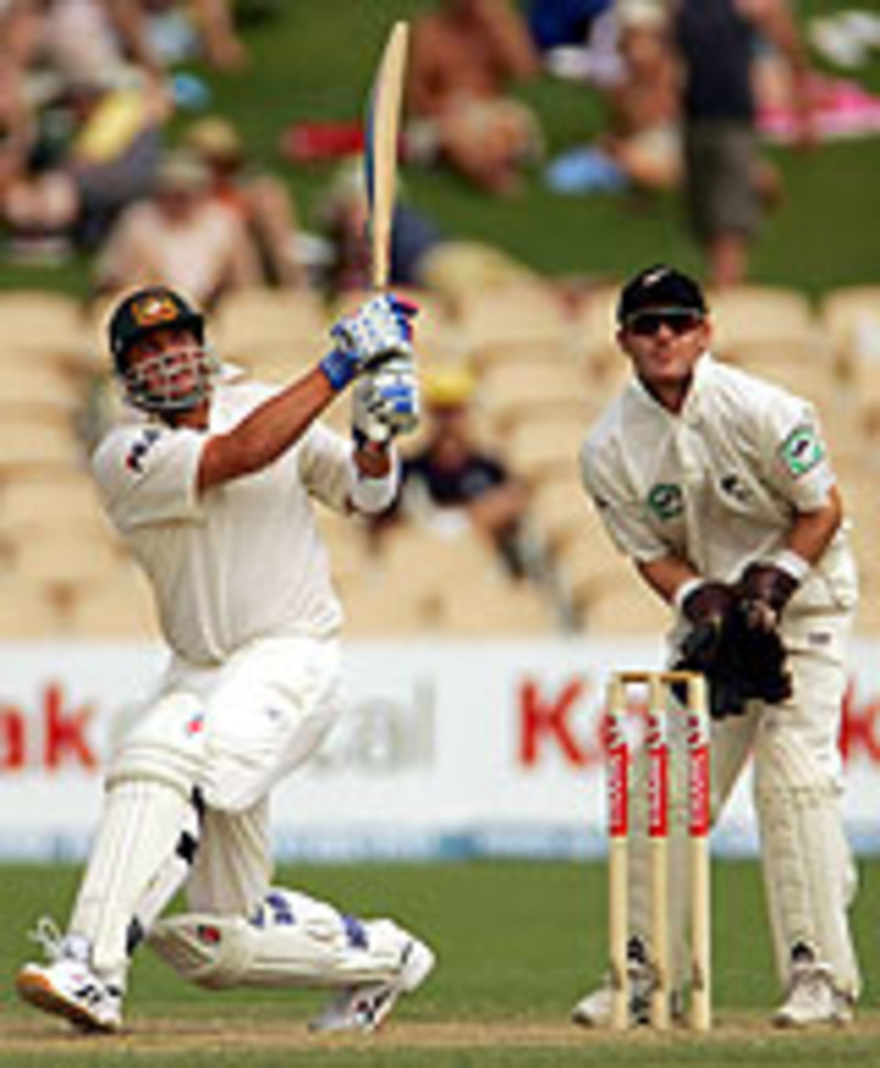Shane Warne sweeps for six, during his 63-ball half-century on the second day of the Adelaide Test, Australia v New Zealand, 2nd Test, Adelaide, November 27, 2004