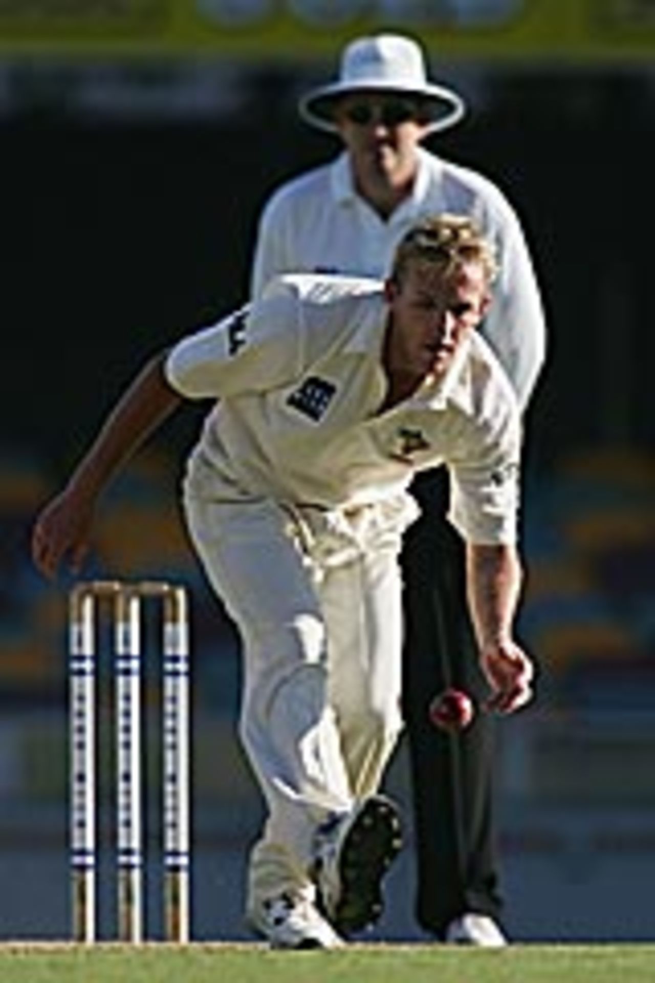 Damien Wright of the Tigers in action during day one of the Pura Cup Match between the Queensland Bulls and Tasmanian Tigers at the Gabba November 29, 2004, Brisbane, Australia.