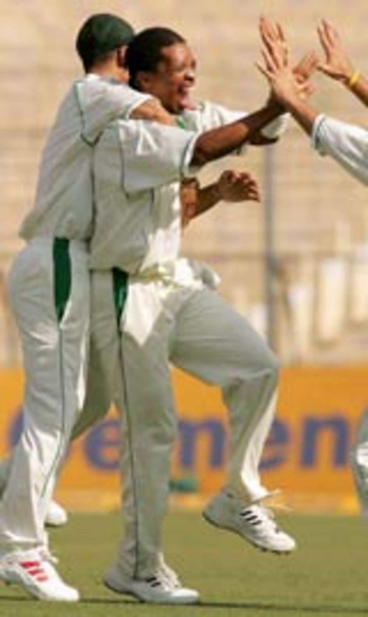 Makhaya Ntini is in the centre of celebrations, India v South Africa, 2nd Test, Kolkata, 3rd day, November 30, 2004