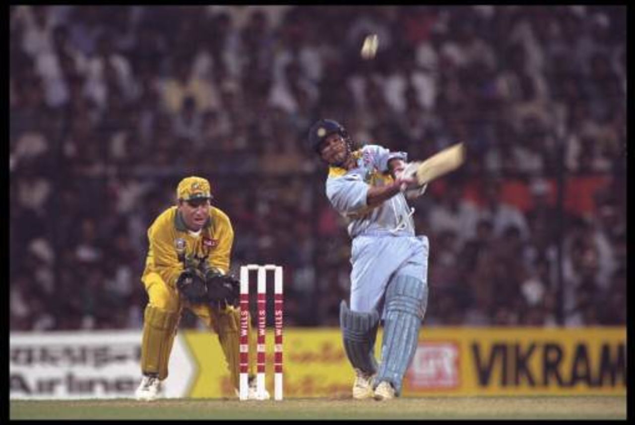 Sachin Tendulkar of India on his way to an innings of 90 against Australia  during the 1996 world cup match in Bombay, India
