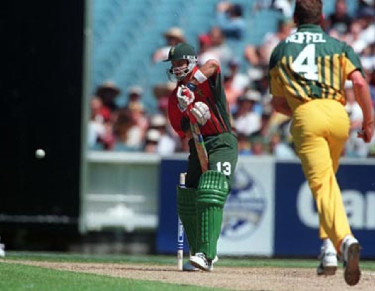 Hershelle Gibbs edges a ball from Reiffel, Carlton & United One-Day Series, South Africa v Australia, Melbourne Cricket Ground, December 9th 1997.
