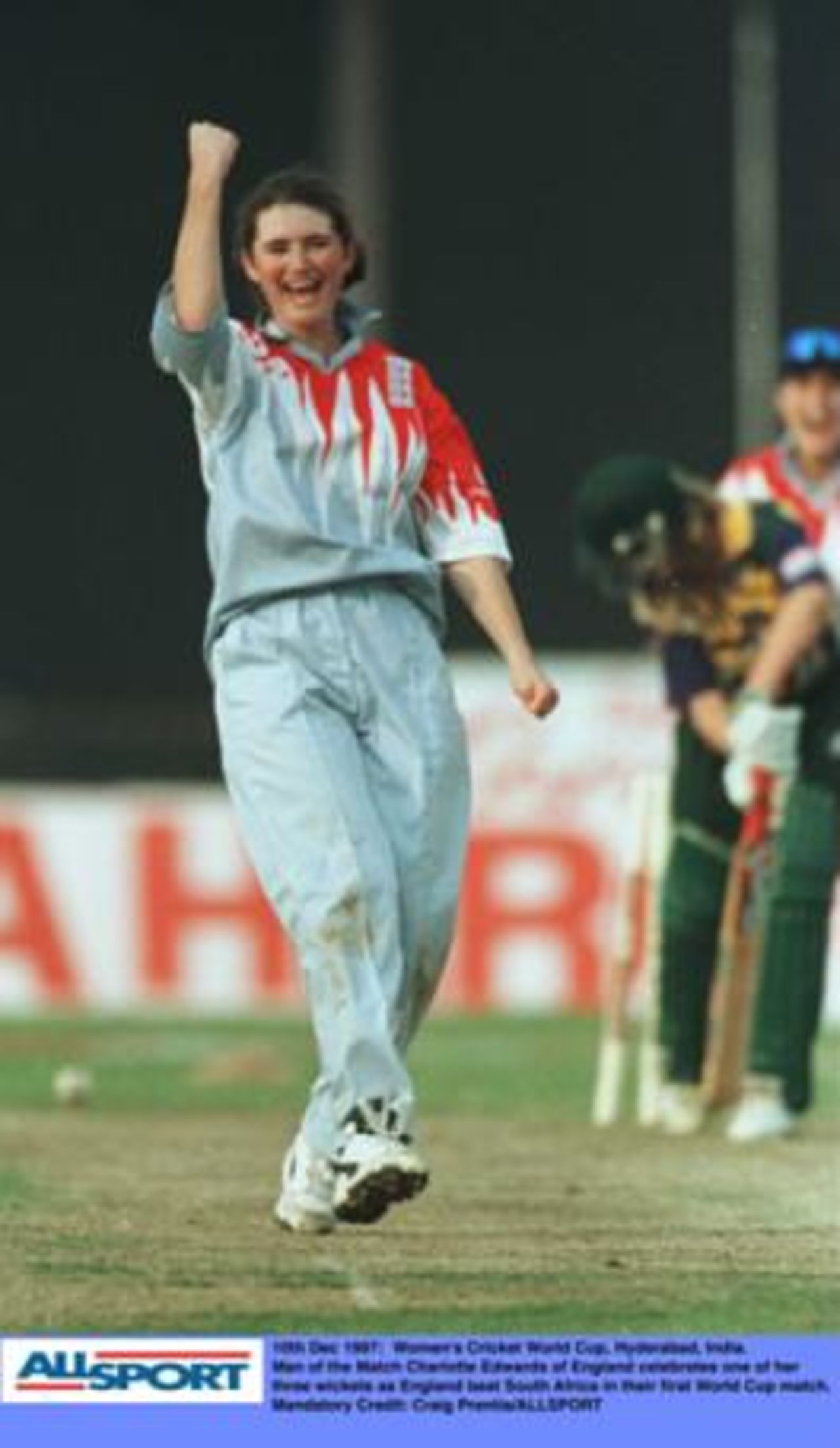 Women's world Cup, Hyderabad, England v RSA, 10 Dec 1997.  Charlotte Edwards (MoM) celebrates a wicket.