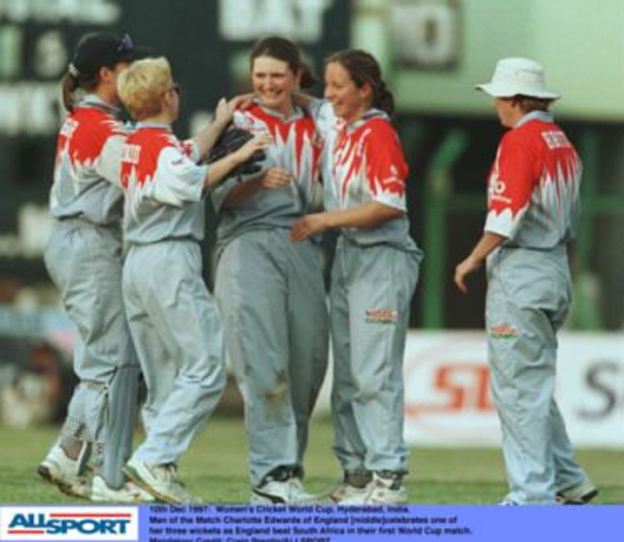 Women's world Cup, Hyderabad, England v RSA, 10 Dec 1997. Charlotte Edwards (centre, MoM) celebrates a wicket.